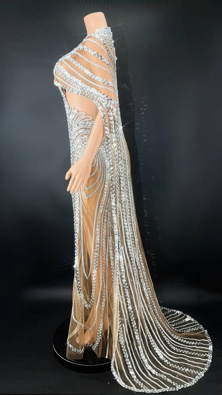 A shimmering silver sequin evening gown with intricate vertical embellishments and a sheer flowing design from the celebrate crystal sequin collection.