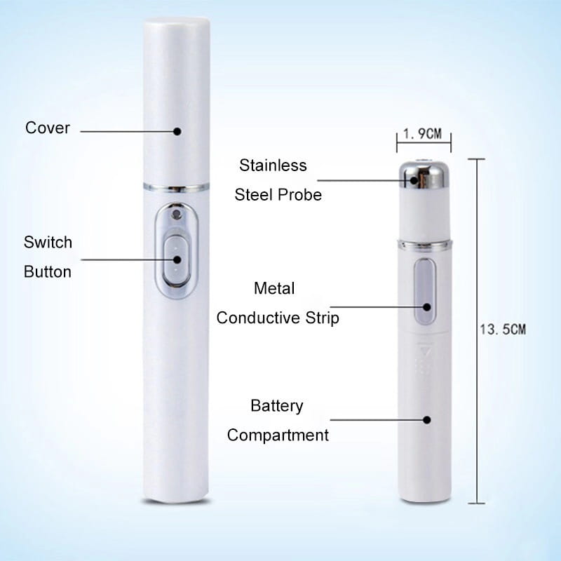 white handheld blue light therapy acne laser pen with stainless steel probe tip and metallic accents for light therapy acne treatment