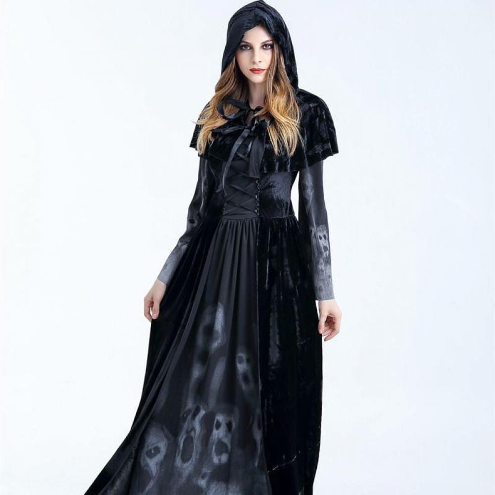 black velvet halloween women medieval dress with skull print and attached hood for gothic witch costume