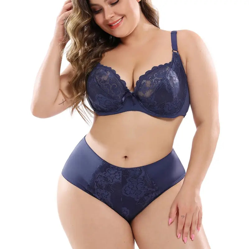 navy blue lace plus size bra set featuring a matching high waisted bra and panties crafted from delicate lace material