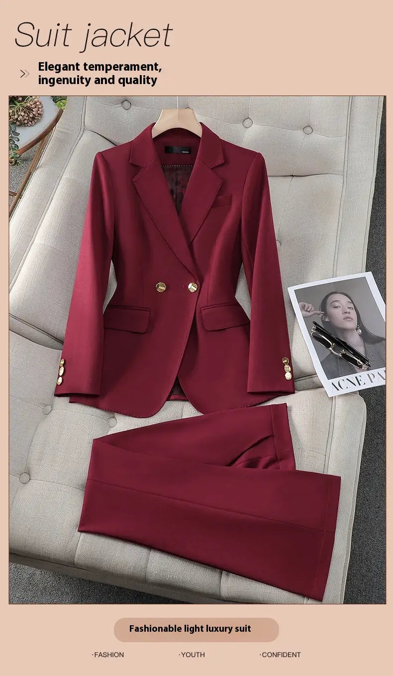 Light blue tailored business suit jacket featuring a wine red double-breasted design with gold-toned buttons and a sleek, tailored fit.