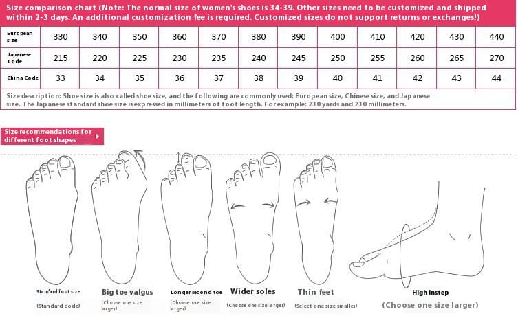 European size 340 shoe size chart with Japanese and China codes featuring foot shape diagrams for sizing recommendations for lace up peep toe patent leather female over the knee boots highlighting heel height and patent leather material.