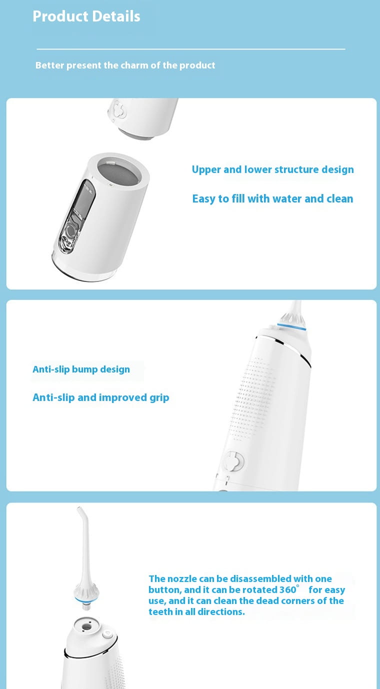 White multifunctional water toothpick electric toothbrush with sleek ergonomic design and anti-slip bump texture for improved grip featuring digital display.