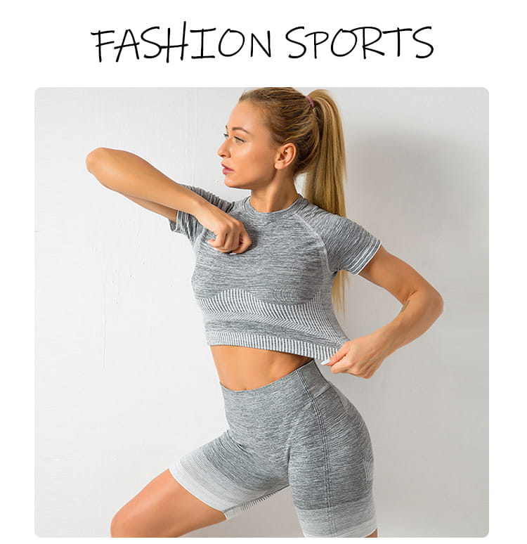 gray heathered two-piece women’s seamless yoga set with ribbed detailing and white trim designed for hip lifting and workout activities