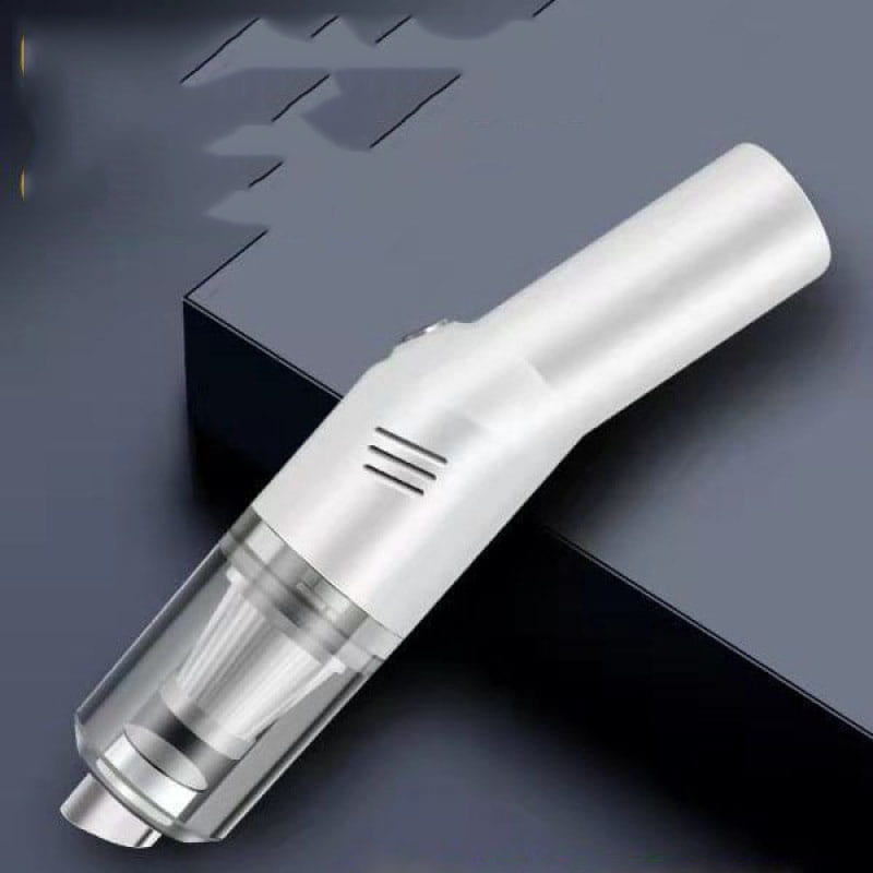 Compact white portable vacuum cleaner with a transparent dust collection chamber and sleek metallic finish designed for wet and dry car cleaning in a two pack.