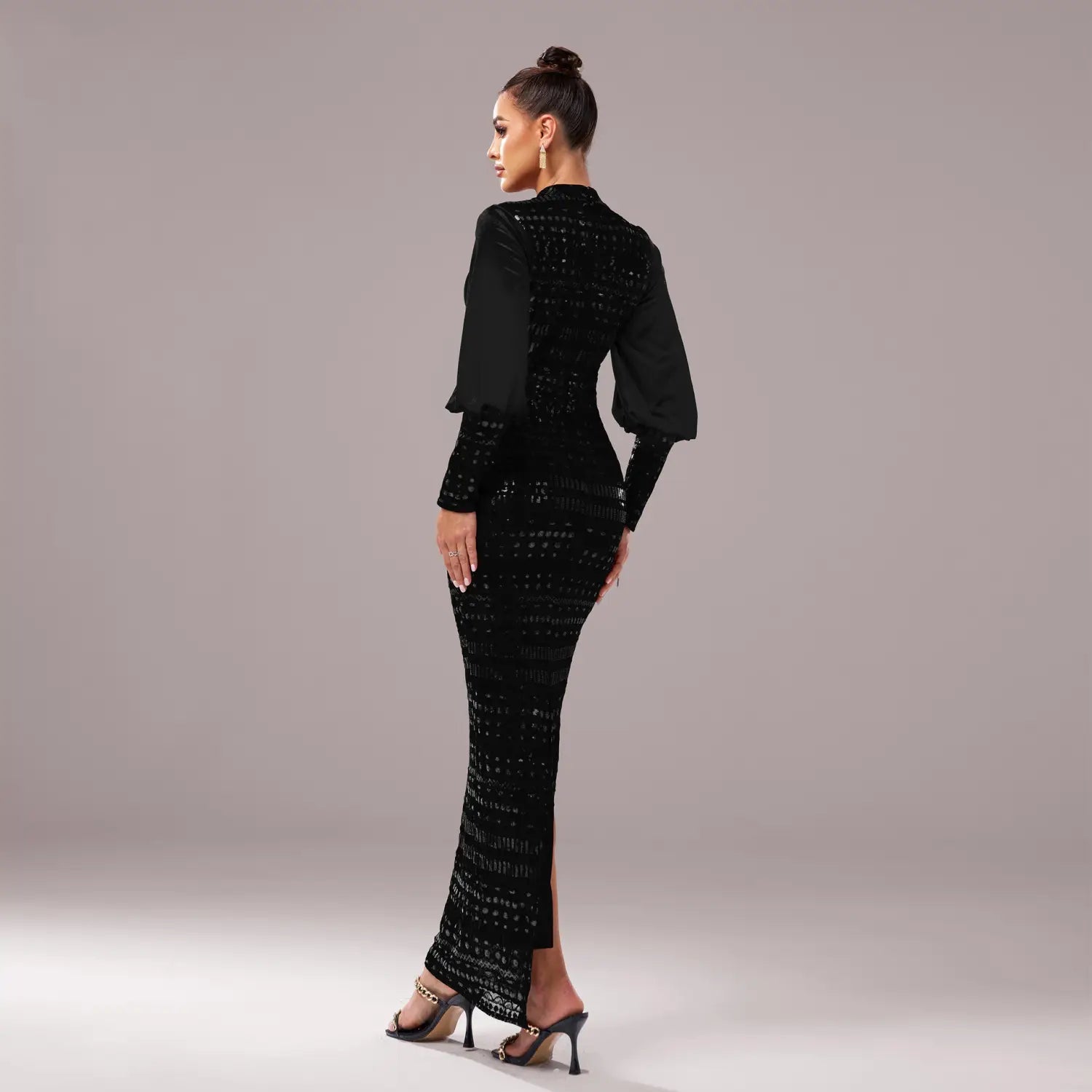 Black lace long sleeve round neck sequined maxi dress in black with long sleeves and a high slit bodycon silhouette