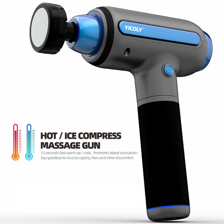 Gray and blue handheld muscle relaxation massager with hot compress feature and black grip designed for effective muscle relaxation.