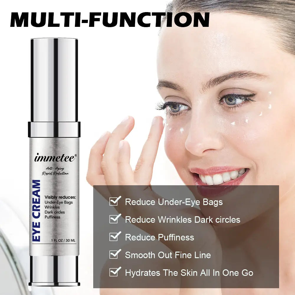 silver-topped sleek metallic tube of immetee anti-aging eye cream with blue and black labeling designed to lighten eye bags and reduce signs of aging.