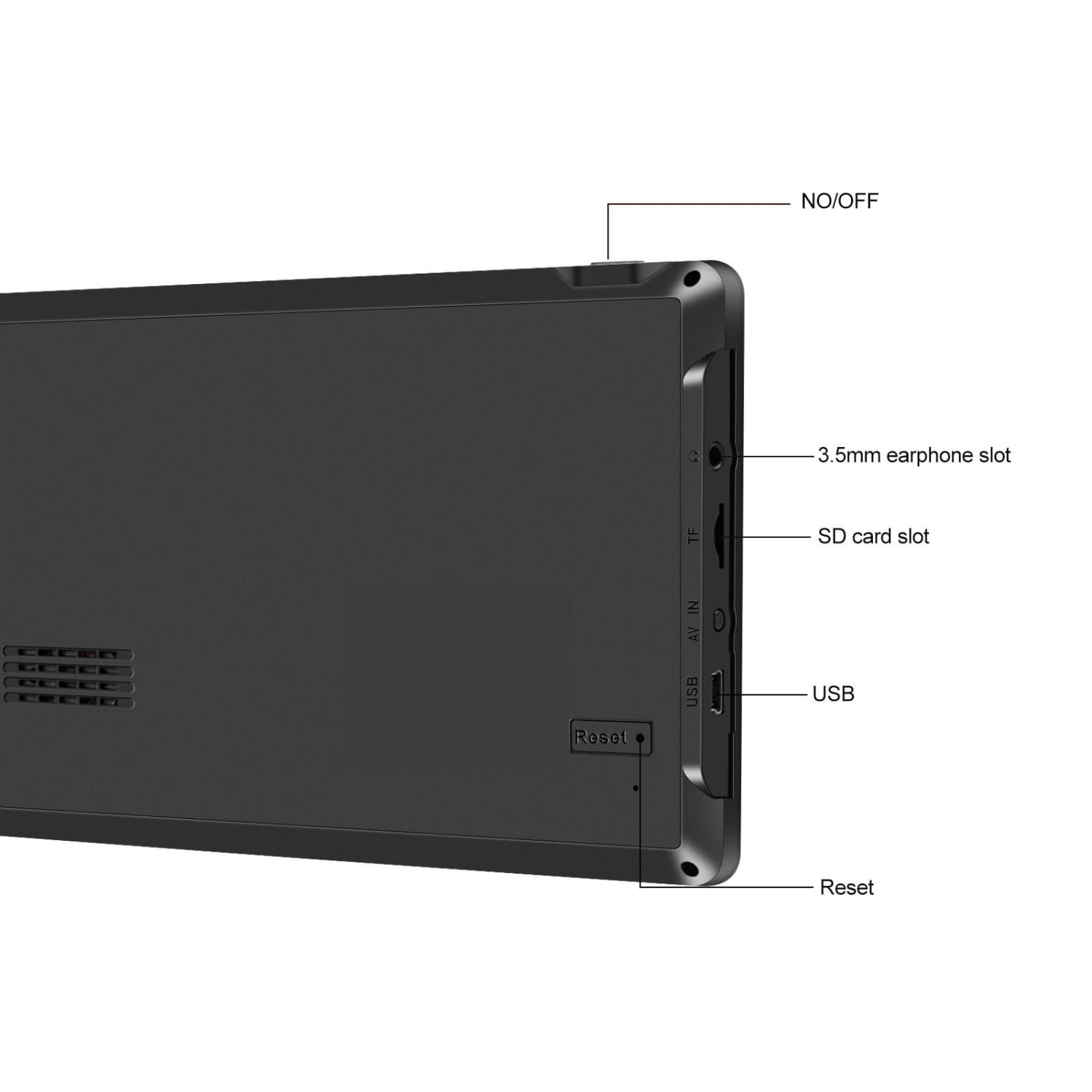 black plastic portable 7-inch on-board gps navigator for car wagon showing side ports including 3.5mm headphone jack sd card slot usb port and reset button
