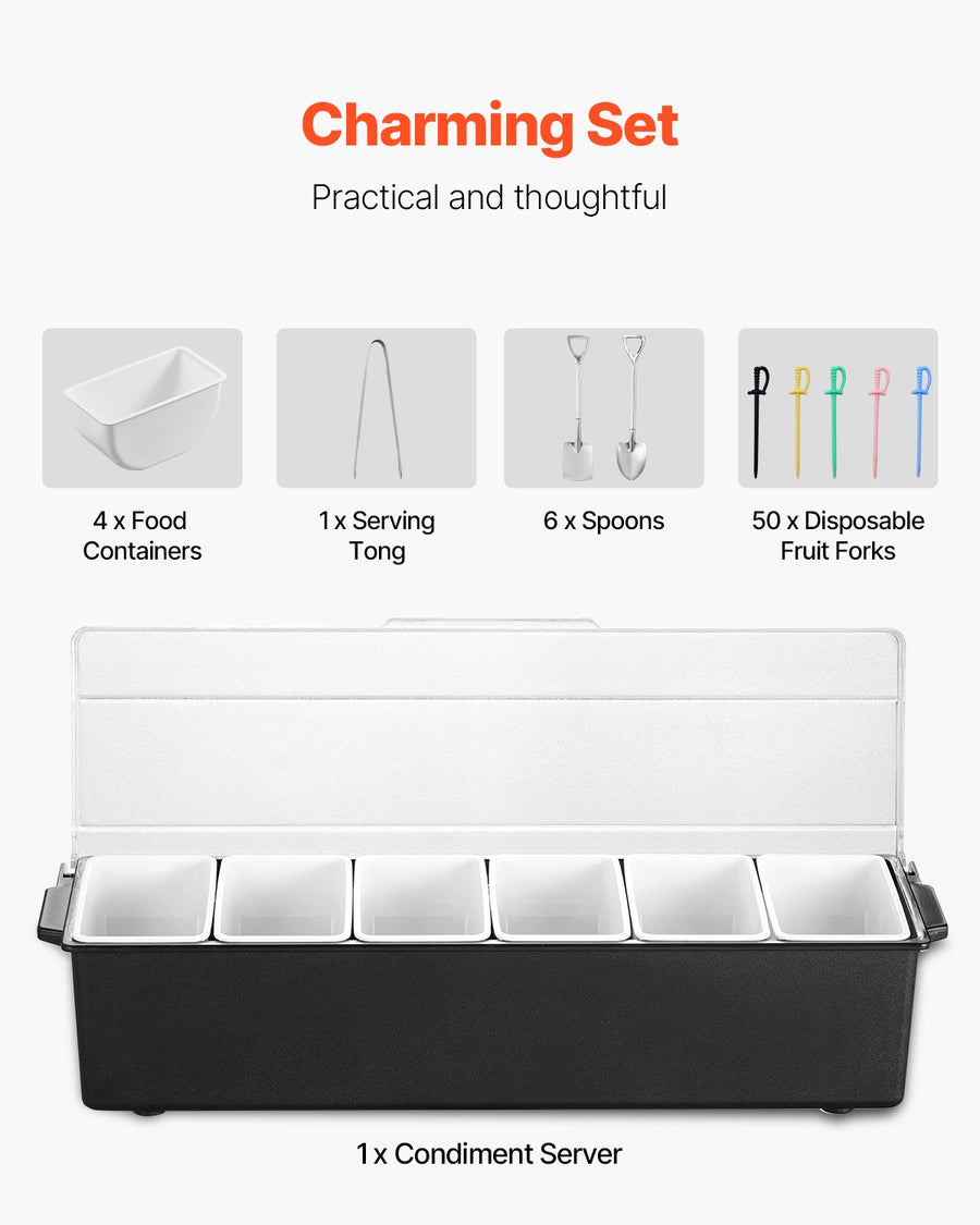 6-Compartment Chilled Serving Tray with Lid - Ice-Cooled Condiment & Fruit Server for Parties
