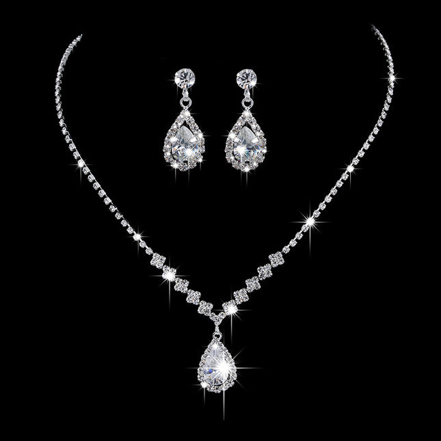 Full Rhinestone Zircon Water Drop Necklace Earrings Jewelry Set - Royalessencelux
