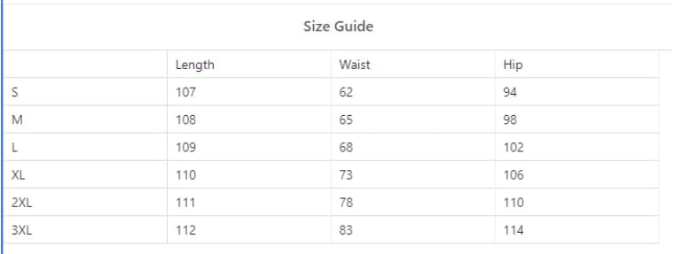 Size guide chart displaying measurements for sizes s through 3xl of a blue floral split print pleating big hem skirt.