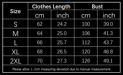Size chart for a striped solid round neck pullover knit sweater for women showing measurements in centimeters and inches from size S to 2XL.