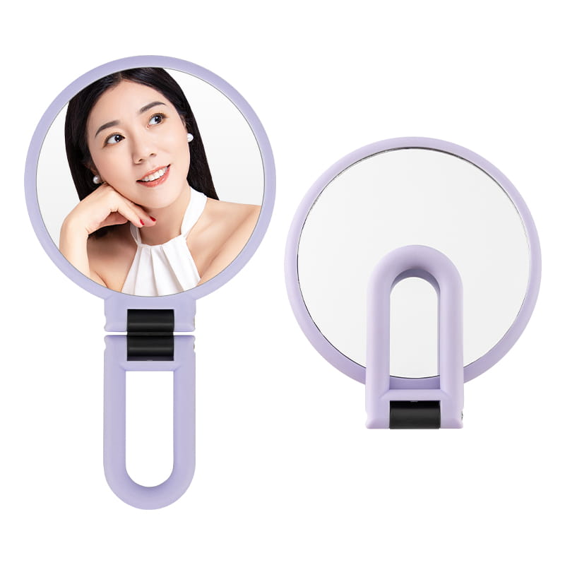 lavender-colored foldable handle mirror purple with 10x magnifying feature and sleek modern design with black accent clips
