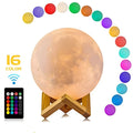A warm textured moon night table lamp with wooden stand and 16-colour remote control moon surface modes