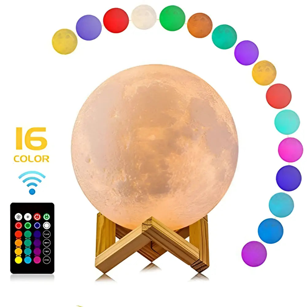 A warm textured moon night table lamp with wooden stand and 16-colour remote control moon surface modes