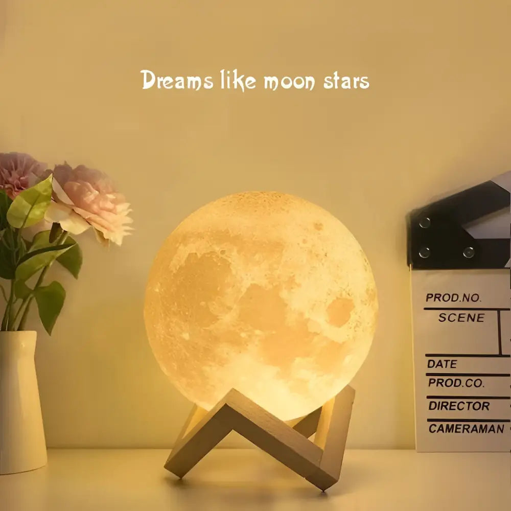 Warm glowing 16-colour remote control moon night table lamp with realistic moon surface and wooden tripod base