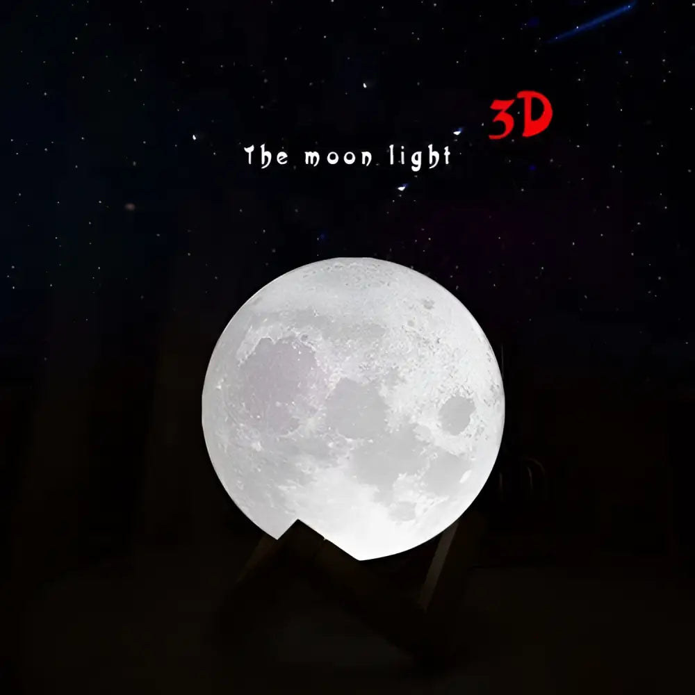 A white 3d-printed moon night table lamp with detailed moon surface and 16-colour remote control features