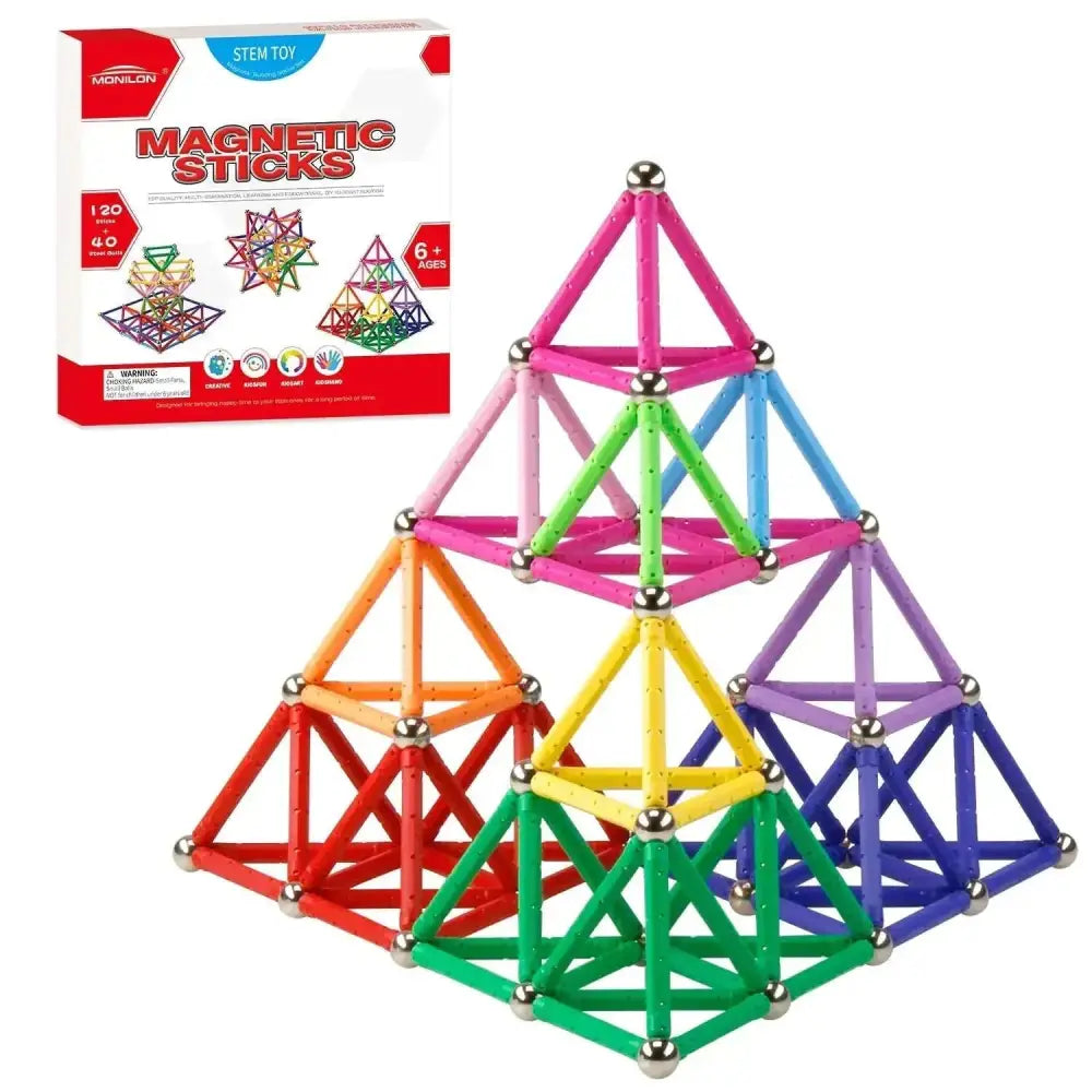 A 160 pcs magnet building sticks set with vibrant multi-colored magnetic sticks arranged into geometric structures