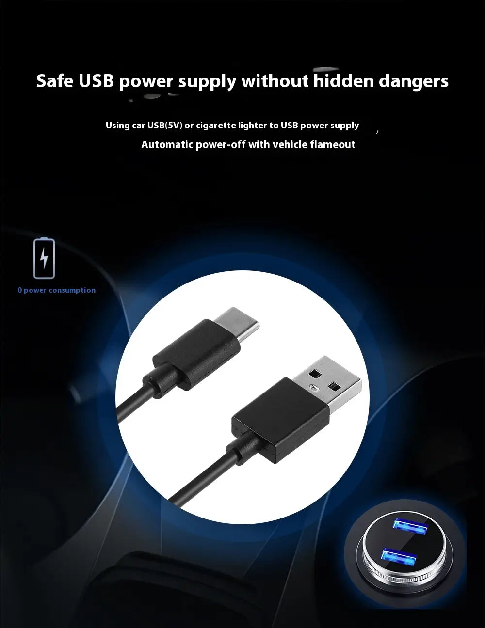 black usb charging cable with type-c and usb-a connectors featuring durable plastic housing for universal head-up display car gps velometer use