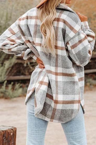 Women’s plaid buckle long sleeve jacket in a cozy oversized soft gray and beige flannel plaid pattern with long sleeves