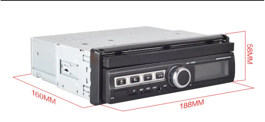 Black and silver 1Din car stereo with a central rotary dial, multiple function buttons, integrated display screen, and touch screen mp5 player bluetooth features.