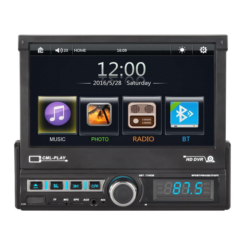 Black 1din car stereo with touch screen mp5 player, bluetooth and hd dvr functionality designed for in-car entertainment and safety.