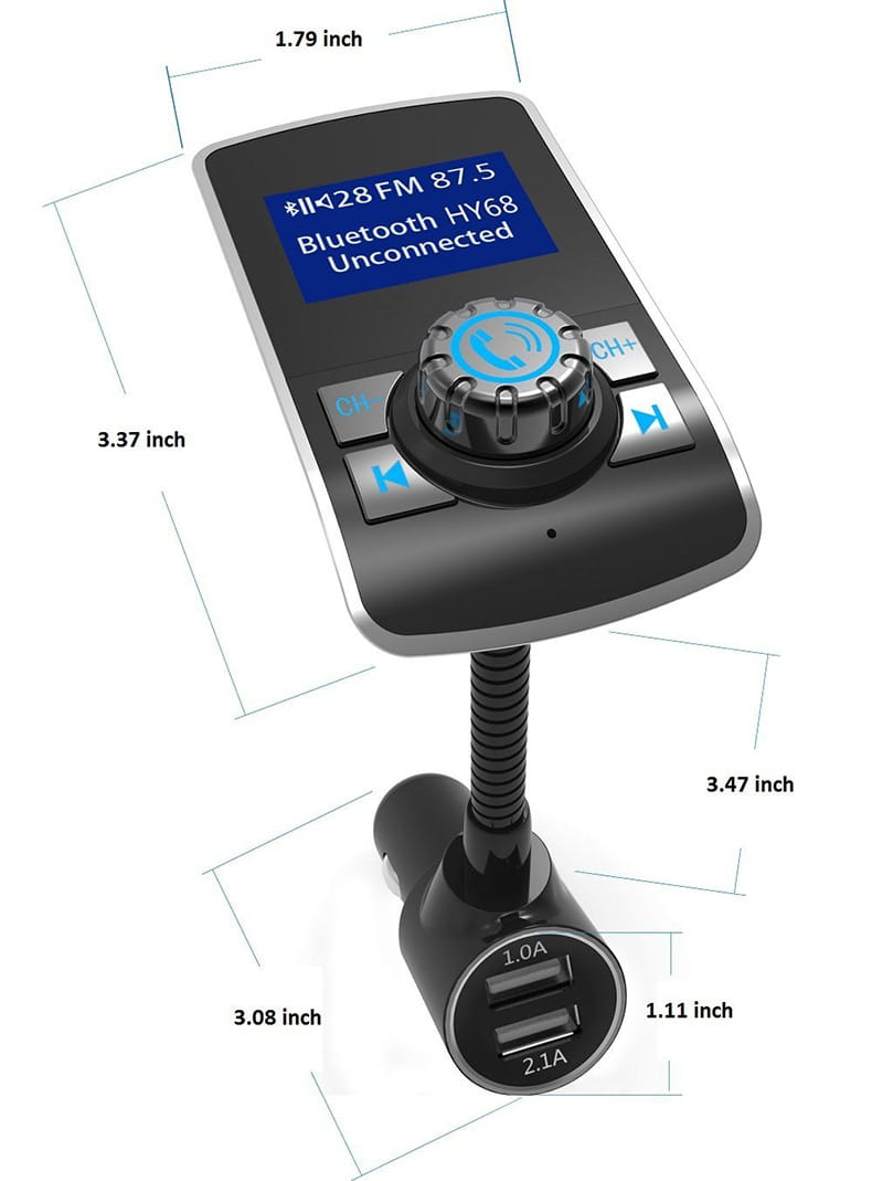 Black and silver dual usb car bluetooth mp3 player with fm transmitter featuring bluetooth connectivity and dual usb ports for charging devices.