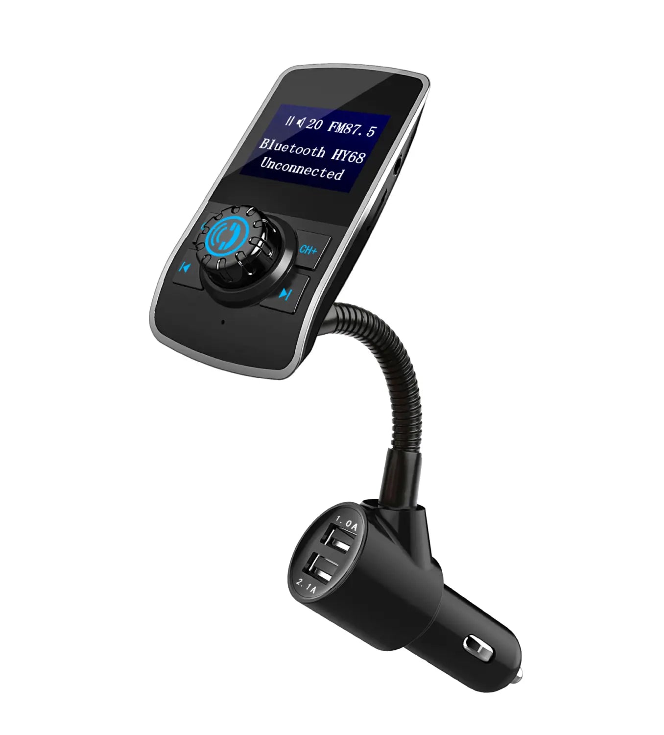 black and silver car bluetooth mp3 adapter with flexible gooseneck and dual usb ports for charging designed as a dual usb car bluetooth mp3 player with fm transmitter