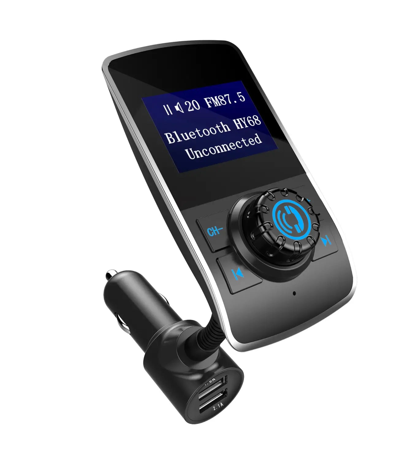 Black dual usb car bluetooth mp3 player with fm transmitter featuring a touchscreen display, usb ports, and rotary dial control for easy audio management.