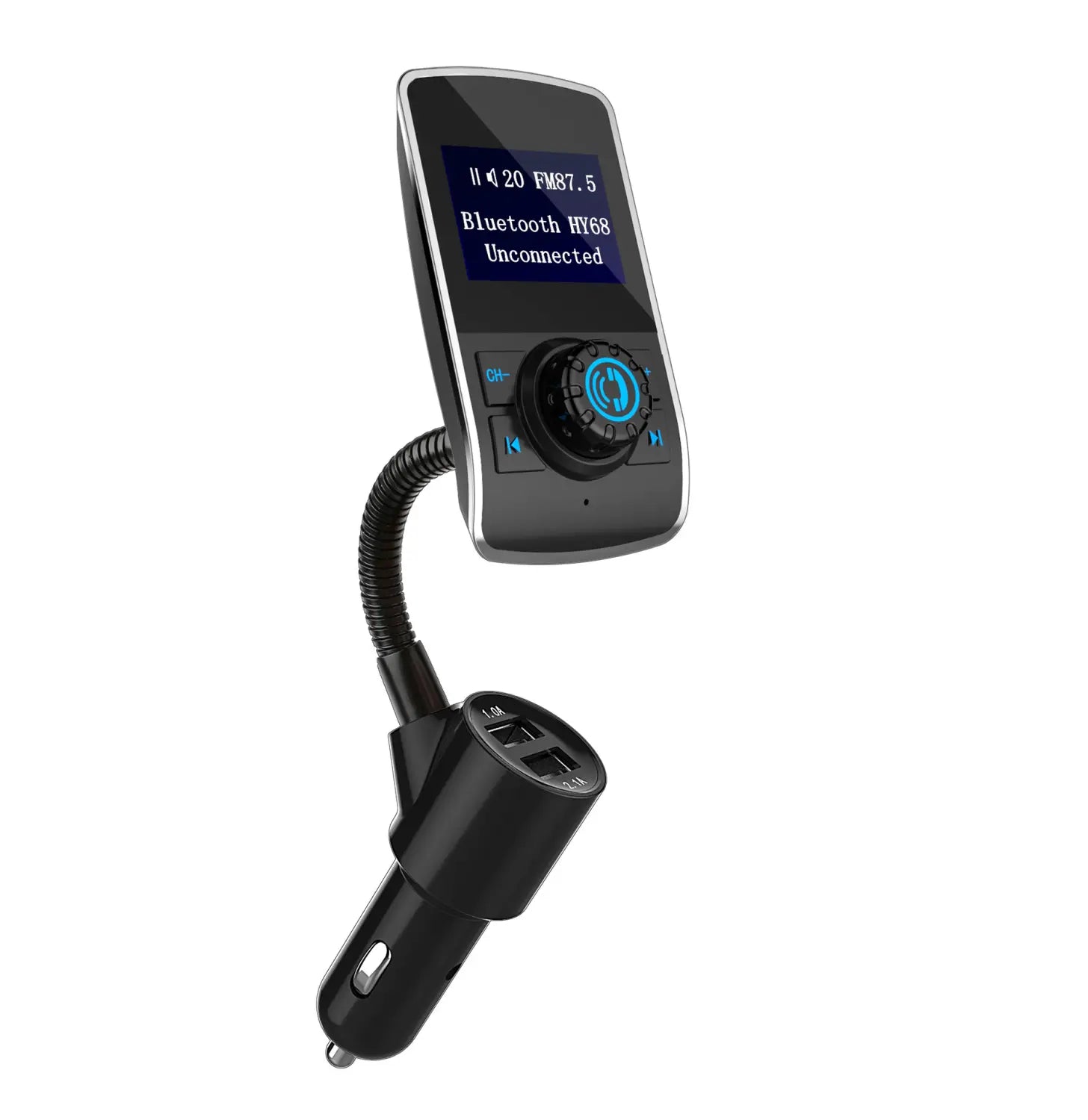 Black dual usb car bluetooth mp3 player with flexible gooseneck and fm transmitter for hands free phone use and music streaming