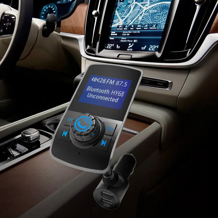 Black car phone adapter with blue illuminated display and central rotary dial in dual USB car bluetooth mp3 player with FM transmitter for hands-free audio and charging.