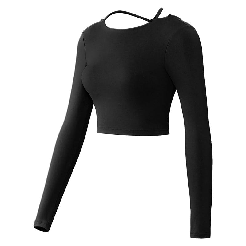 black long sleeve yoga crop top with a back strap design and crisscross detailing for activewear use
