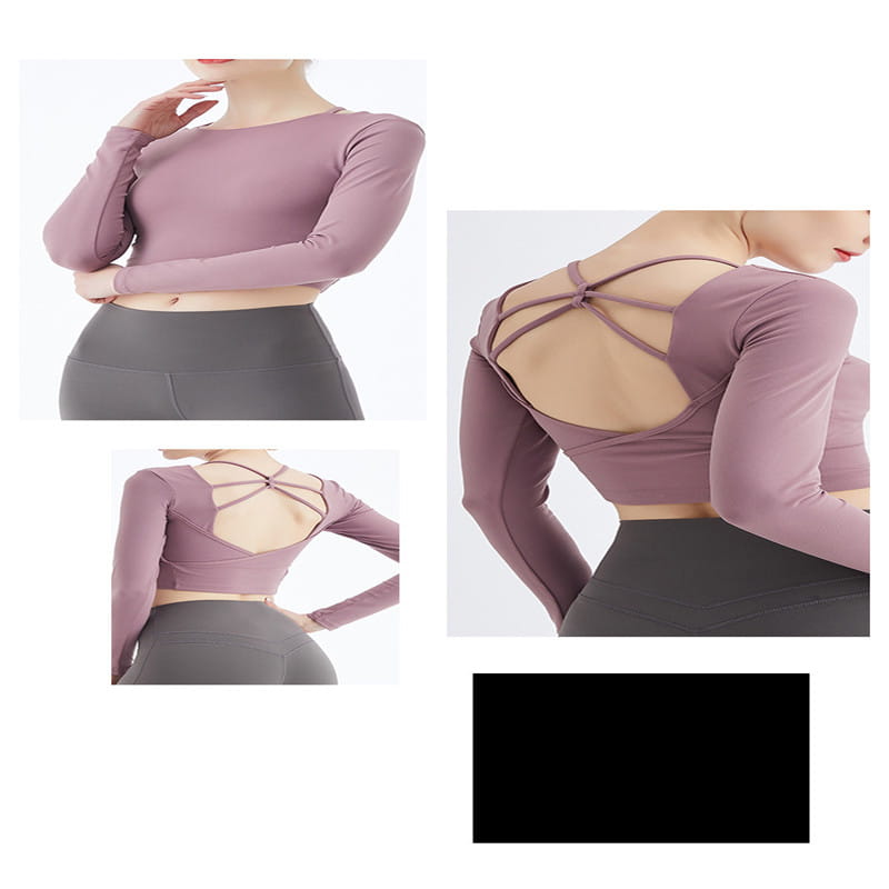 A mauve long sleeve yoga crop top with a crisscross strap back design shown from the back.