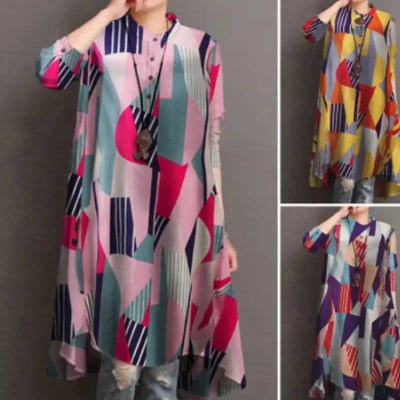 Ladies retro casual long-sleeved loose-fitting tunic dress in vibrant pink teal navy blue and white geometric pattern ideal as a sleeve loose shirt for stylish everyday wear.