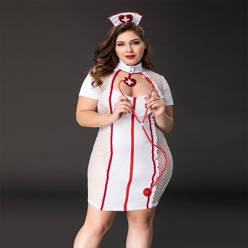 plus size underwear fat nurse uniform featuring a white and red mesh design with a heart-shaped cross emblem on the chest