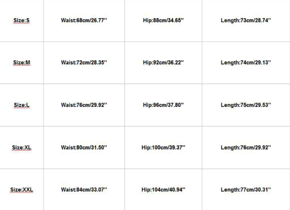 Size chart for women tennis skirted leggings with pockets showing measurements in centimeters and inches across sizes S through XXL.
