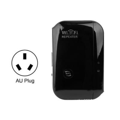 Black plastic wifi signal amplifier with a glossy finish and au plug compatibility symbol for use as a signal amplifier wireless router.