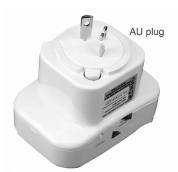 white plastic au plug adapter with two round pins and grounding clip for wifi signal amplifier wireless router device