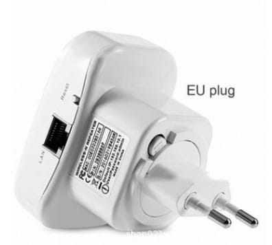 White plastic EU plug adapter with built-in ethernet port and regulatory labeling shown on the back of a wifi signal amplifier wireless router.