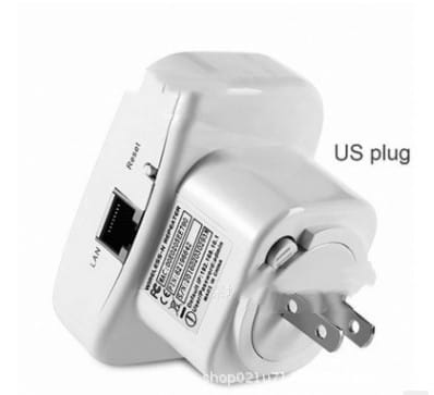 white plastic usb power adapter with us plug and ethernet port on the back side of a wifi signal amplifier wireless router for enhanced network connectivity