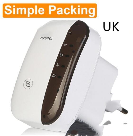 White plastic wifi signal amplifier with a dark brown vertical panel featuring indicator lights and the word repeater on its side designed as a signal amplifier wireless router.