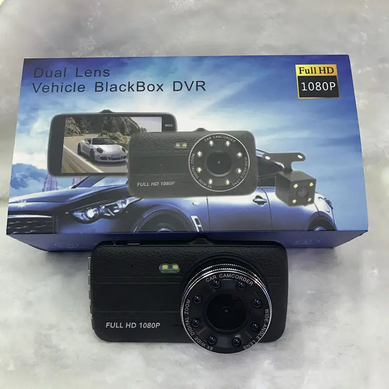 Black dual-lens vehicle blackbox dvr camera with textured matte finish and circular lens assembly designed for 1080p dual dash cam night vision driving.