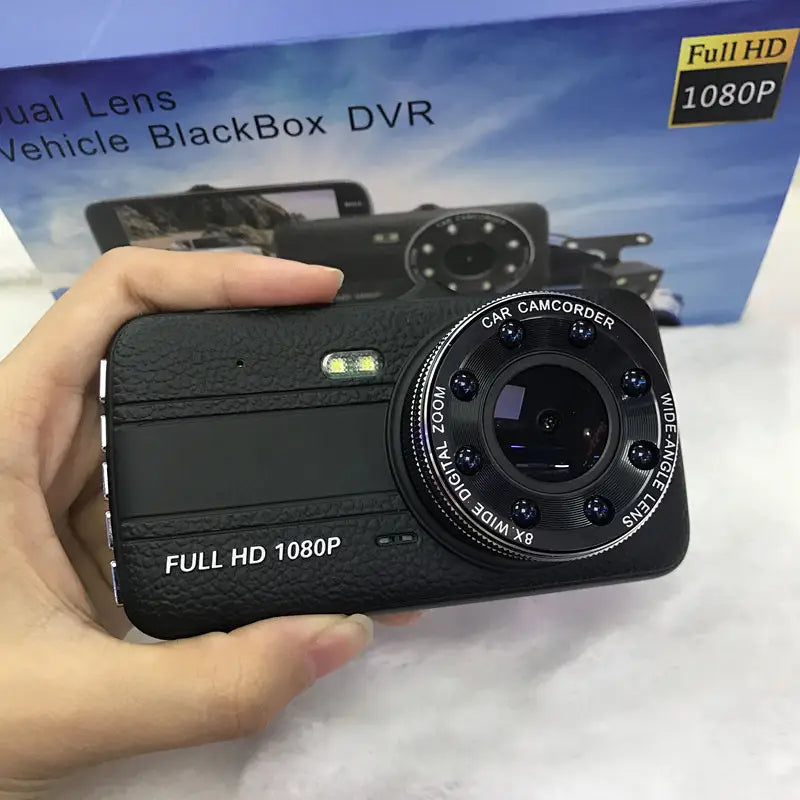 black textured 1080p dual dash cam with a prominent circular wide angle lens ring marked car camcorder and full hd 1080p white text designed for night vision driving use