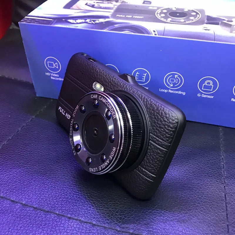 black leather-textured 1080p dual dash cam with silver metallic lens ring and full hd branding designed for night vision driving use