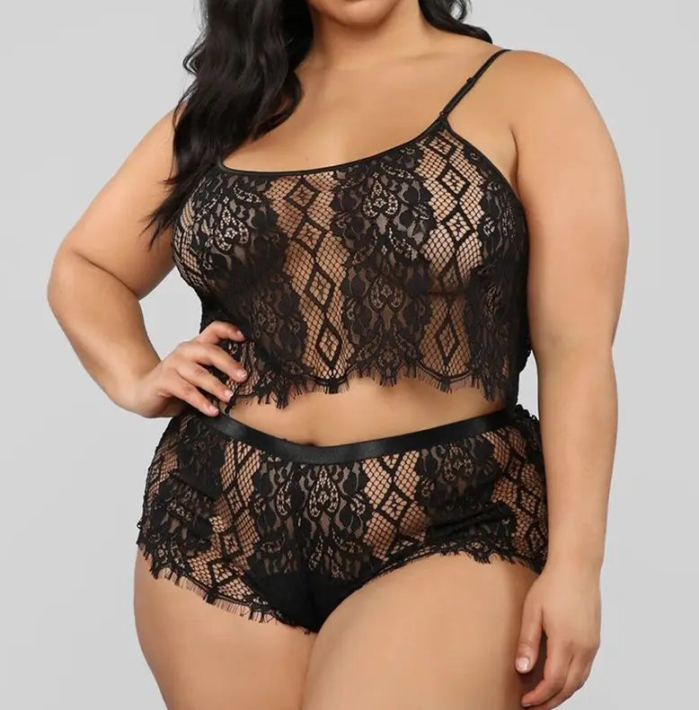plus size black two piece underwear lace set featuring intricate floral patterns and a satin waistband in lace material