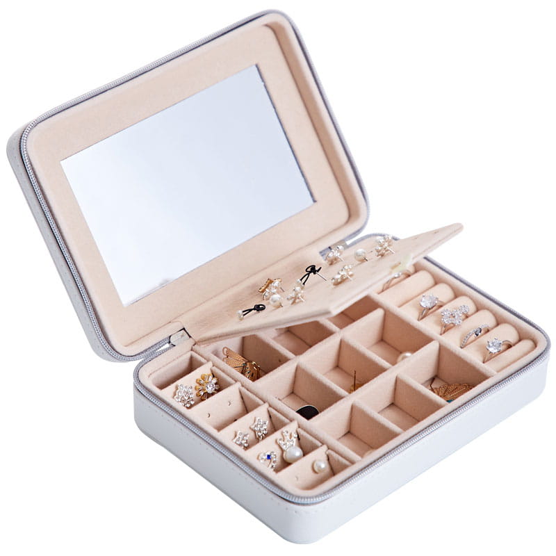 White leather multifunctional jewelry storage box with built-in mirror and segmented compartments for earrings rings and other accessories