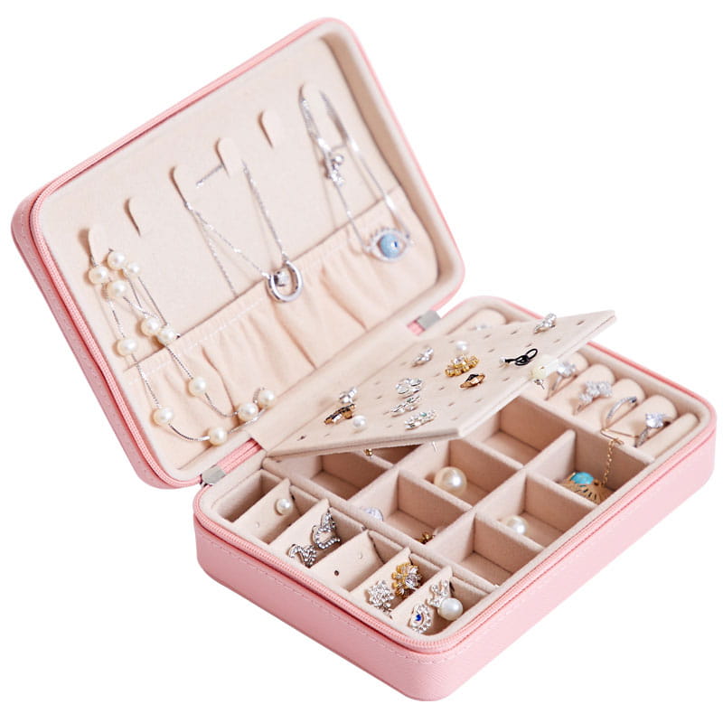 pink faux leather multifunctional jewelry storage box with mirror featuring a soft beige interior and compartments for earrings and necklaces