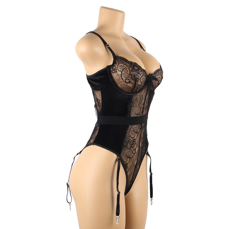 black lace and velvet black lace garter nightdress set with adjustable straps and matching stockings
