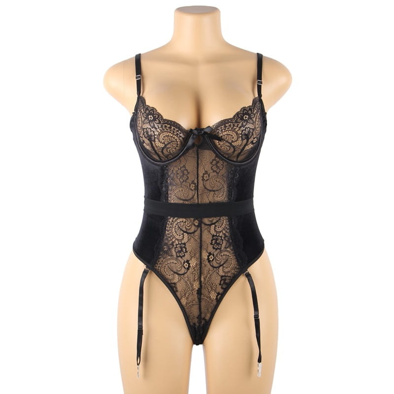black lace garter nightdress set featuring an intricate floral lace bodysuit with adjustable straps and matching stockings